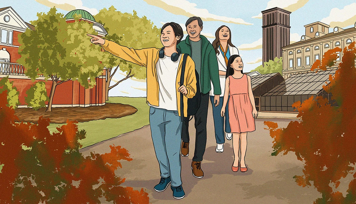 an illustration of a family on a college tour