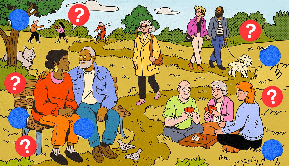 an illustration shows an older adult couple on a park bench. Also at the park are a couple walking their dog, an adult family playing cards and a man biking along a pedestrian path. Question mark symbols are dotted across this landscape