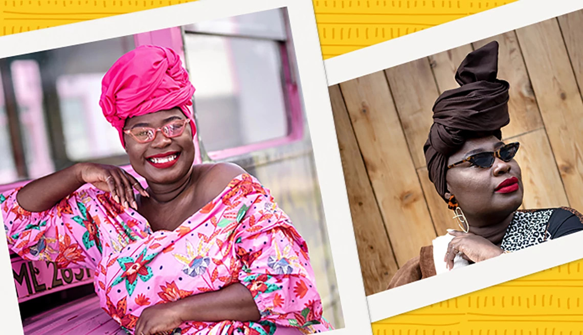 Collage featuring two portrait photographs of older women wearing colorful headwraps, eyeglasses, and stylish clothing. One person is seated beside a pink vehicle wearing a floral outfit and bright headwrap, while another person wears a dark headwrap and sunglasses against a wooden background