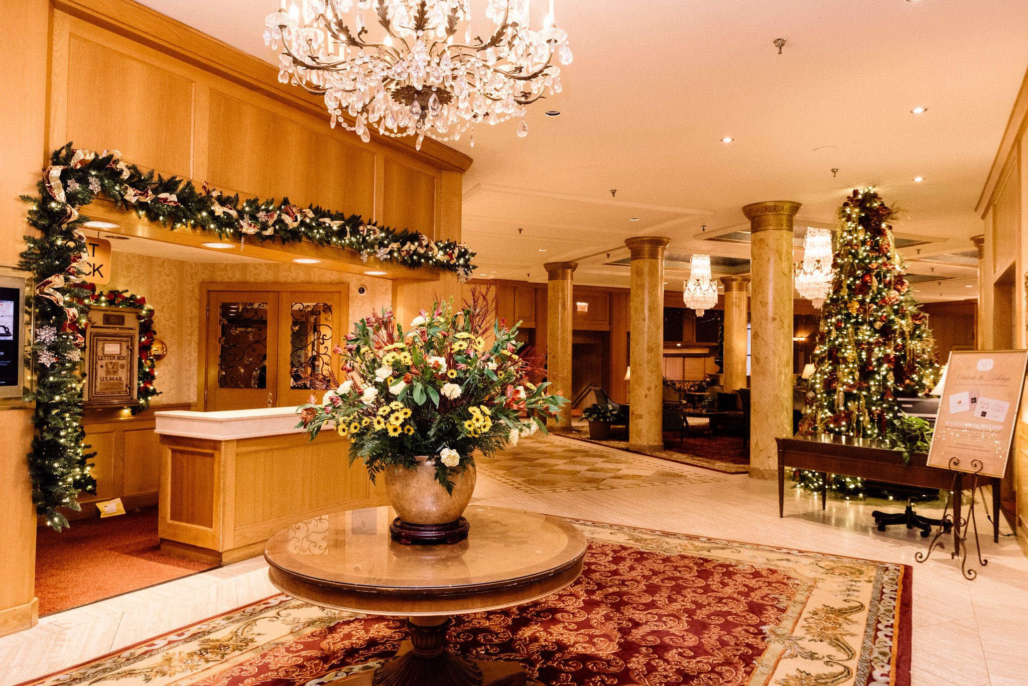 a hotel lobby with christmas decorations