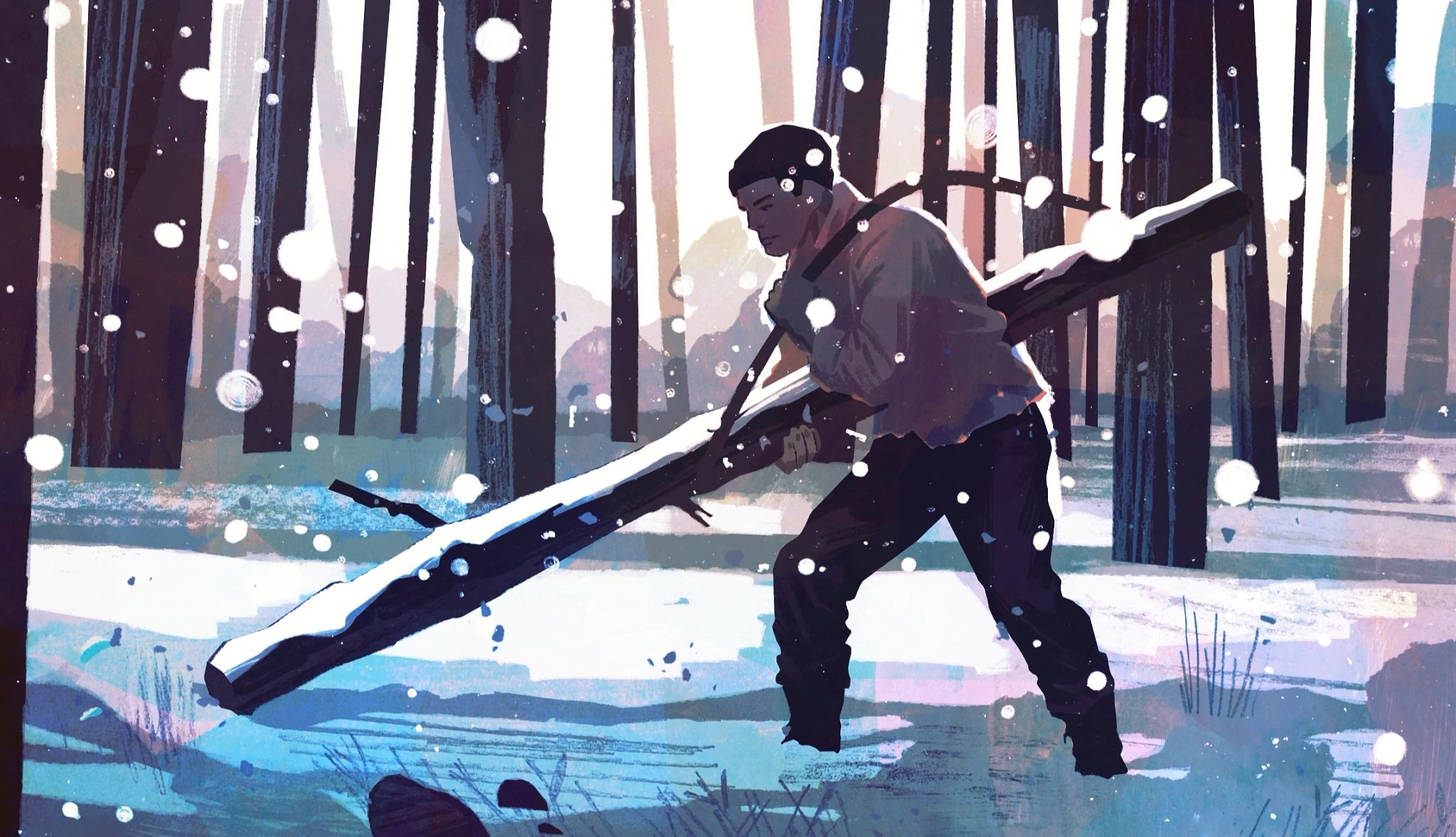 ‘The Christmas Mystery’ Chapters 25-29 An illustrations a man pushing a heavy log through the wintry forest