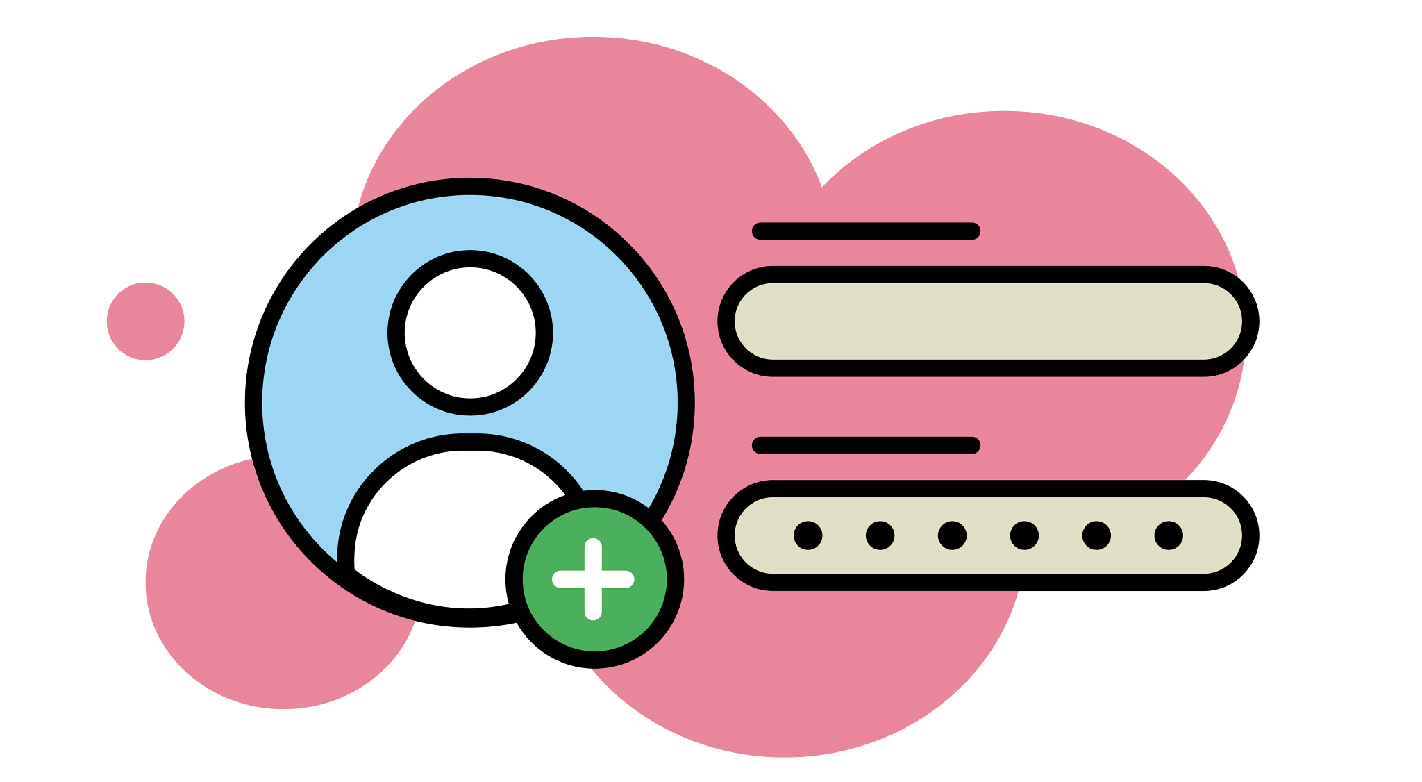 Icon showing a user profile with a plus sign and fields for username and password on a pink abstract background.