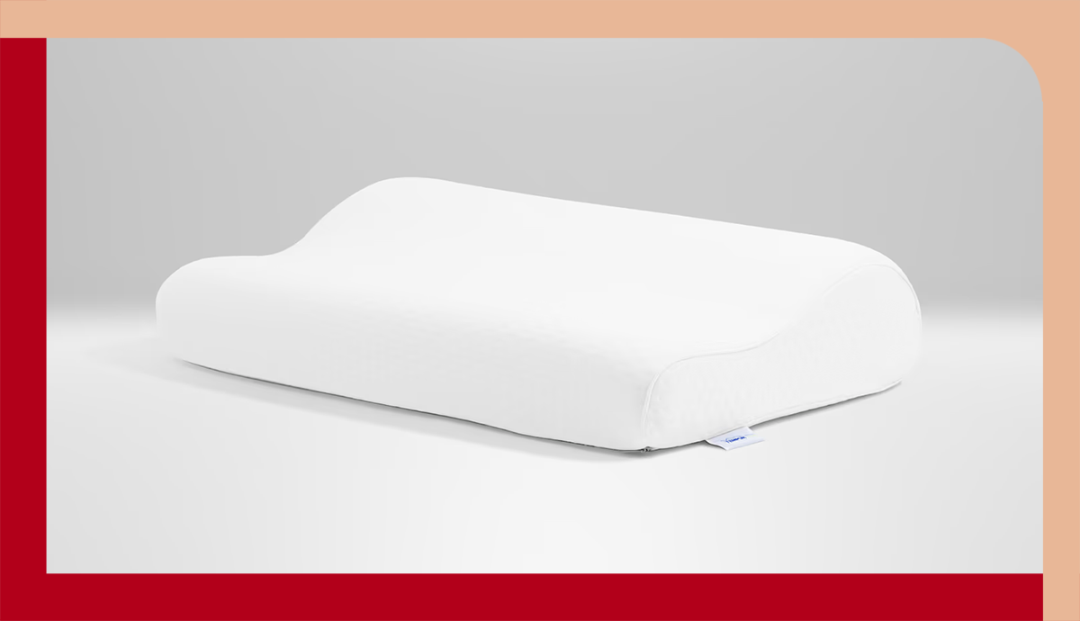 Tempur-Pedic TEMPUR-Neck Pillow on a white background with a red and peach border