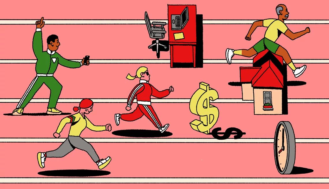 figures running on a track with icons of a computer and desk, a house, a dollar sign and a clock