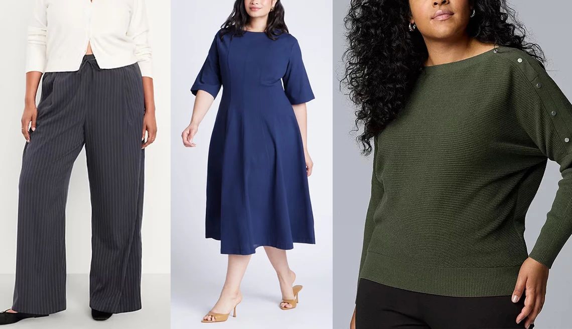 Curvy Style Essentials a collage with plus size models wearing trousers a dress and semi fitted top