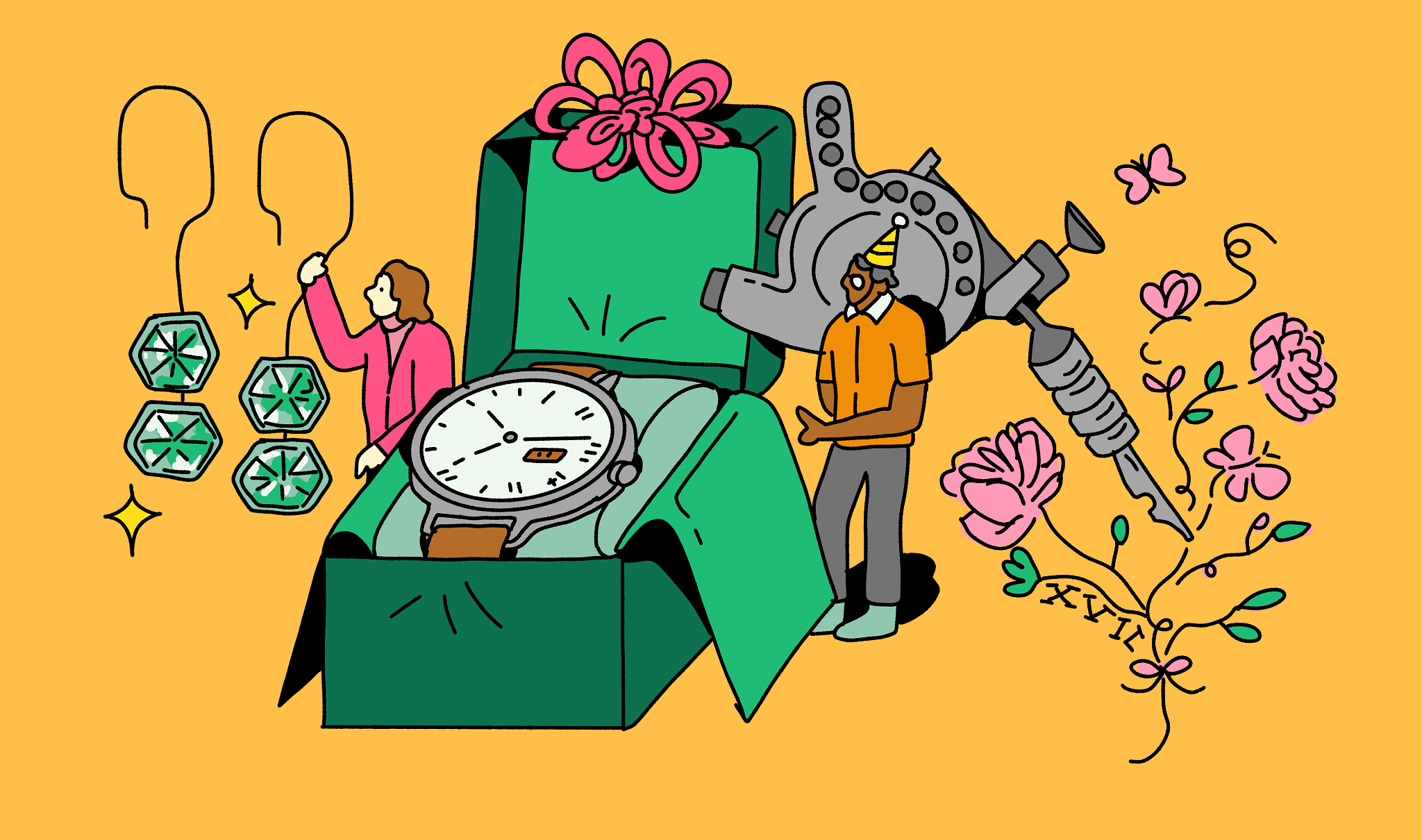A graphic illustration shows a giant gift box opening, with a watch inside. At left a woman is holding giant earrings, at right a man stands in front of a giant tattoo needle. On the far right are giant flowers