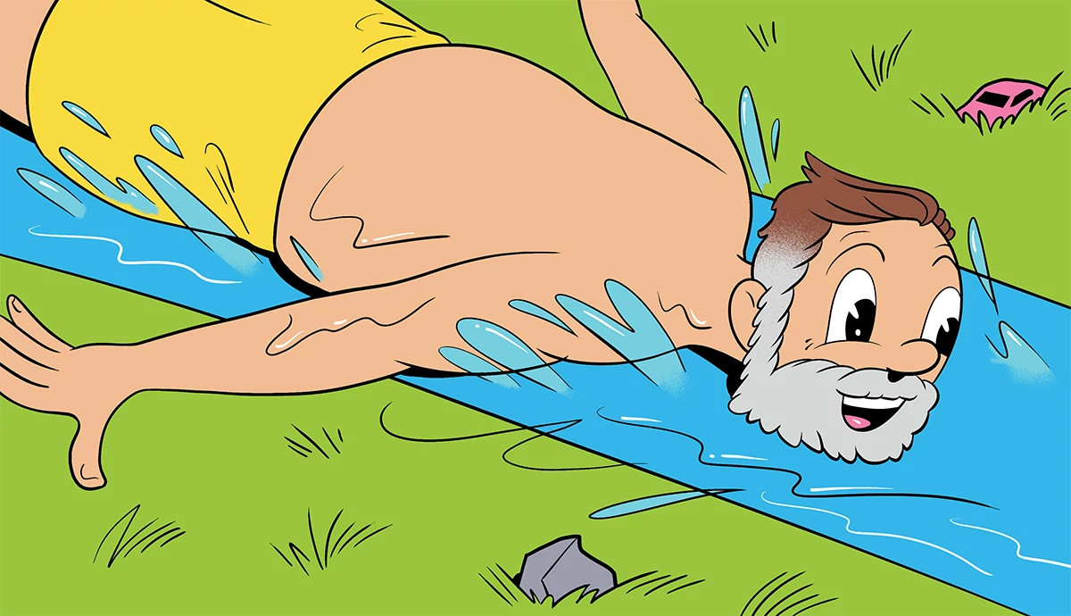 an illustration shows a bearded older adult male taking a face-first ride down a slip and slide