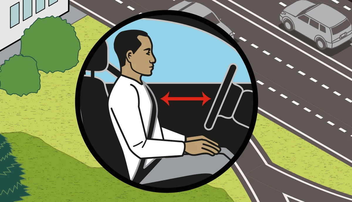 a graphic illustration shows a side view of a driver, accenting the tilted angle of their car’s steering wheel