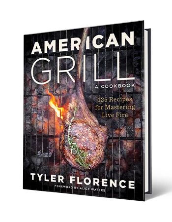 Cookbook ‘American Grill: 125 Recipes for Mastering Live Fire’ by Tyler Florence Cookbook that says American Grill, a Cookbook, 125 Recipes for Mastering Live Fire,’ Tyler Florence; piece of meat on grill on cover