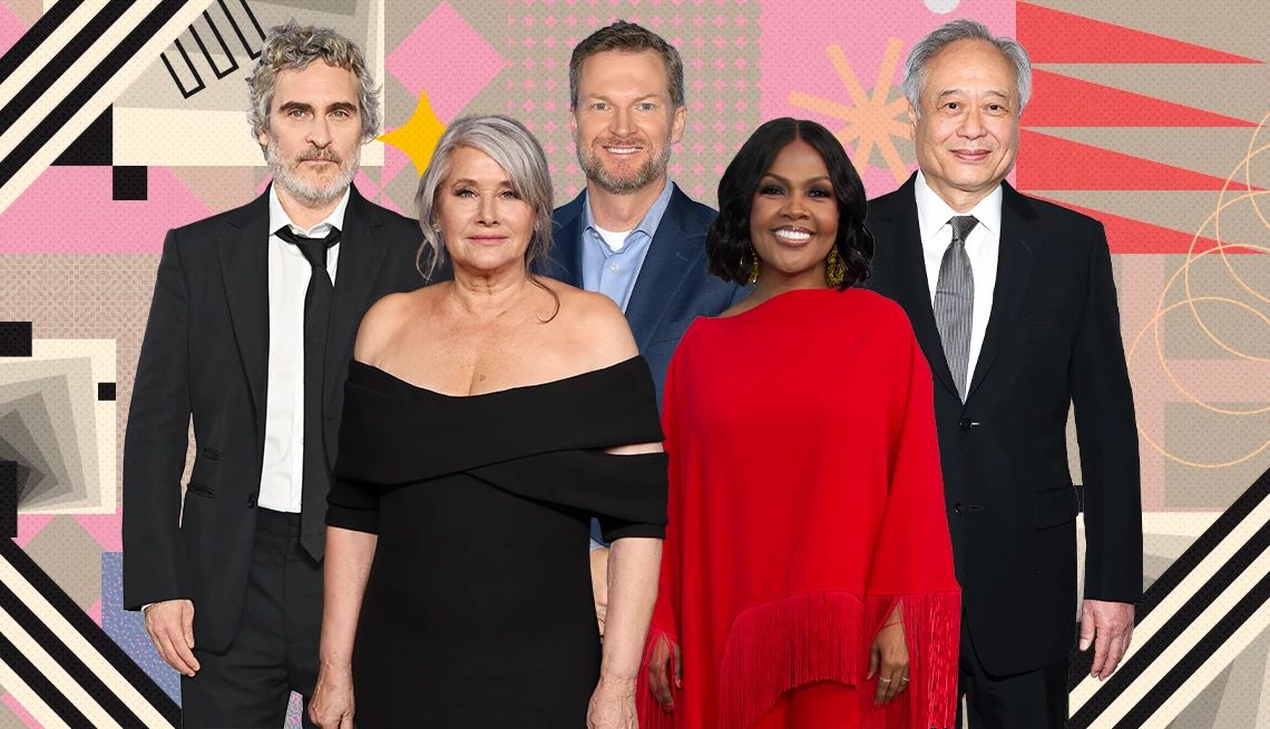 Celebrate Milestone Celebrity Birthdays in October Joaquin Phoenix, Lorraine Bracco, Dale Earnhardt Jr., CeCe Winans and Ang Lee on colorful, flashy background with all sorts of shapes and symbols