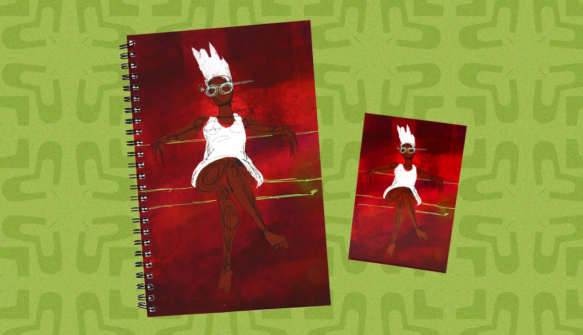 Stylized illustration printed on a spiral-bound notebook and matching card displayed on a green patterned background