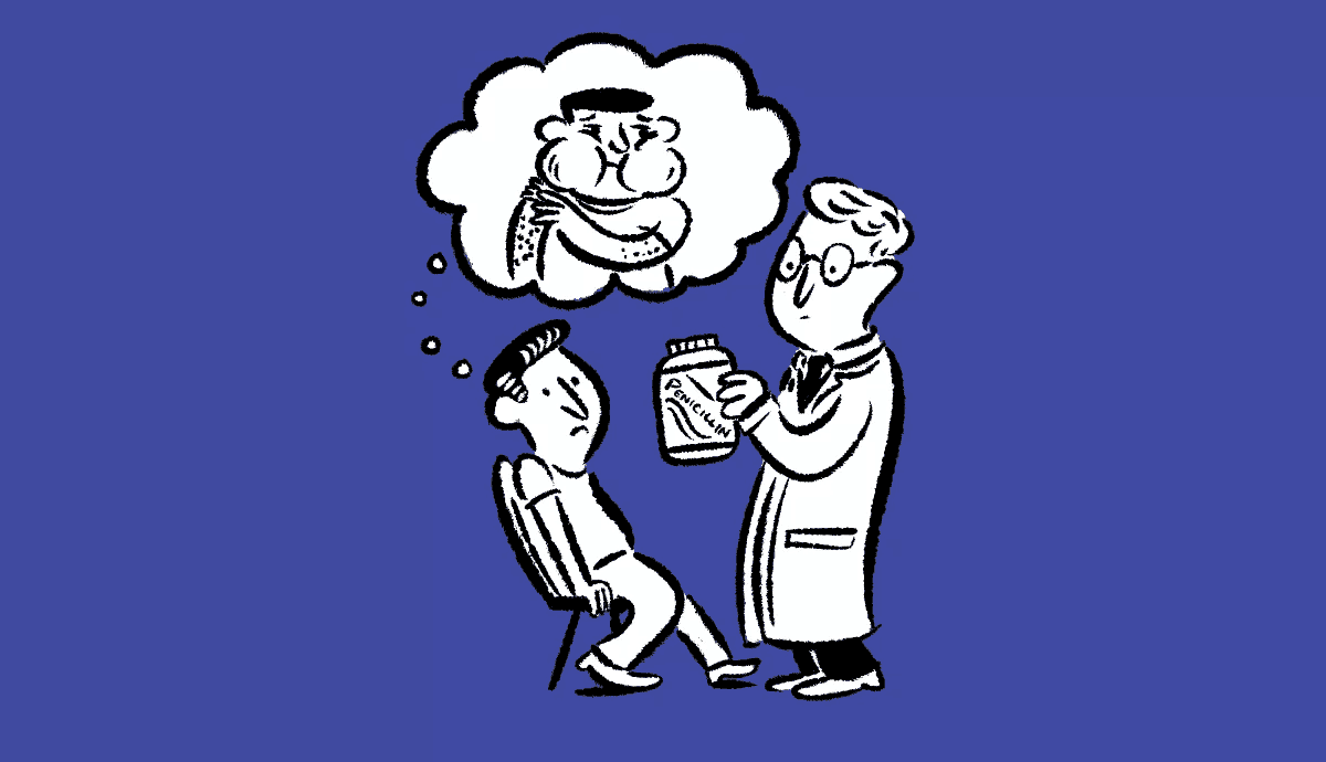 a doctor discussing penicillin with a patient who imagines taking the medication