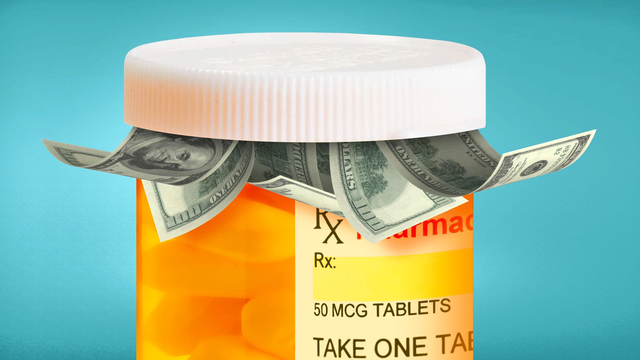 Frasco de medicamentos con unos dólares que salen de la tapa.