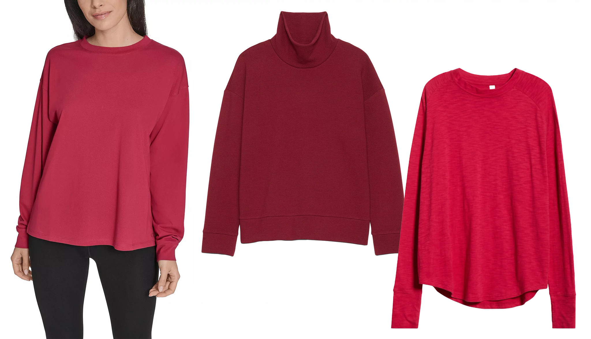 a collage with a model wearing a red long sleeved t shirt alongside photos of a red turtle neck and a red pullover top