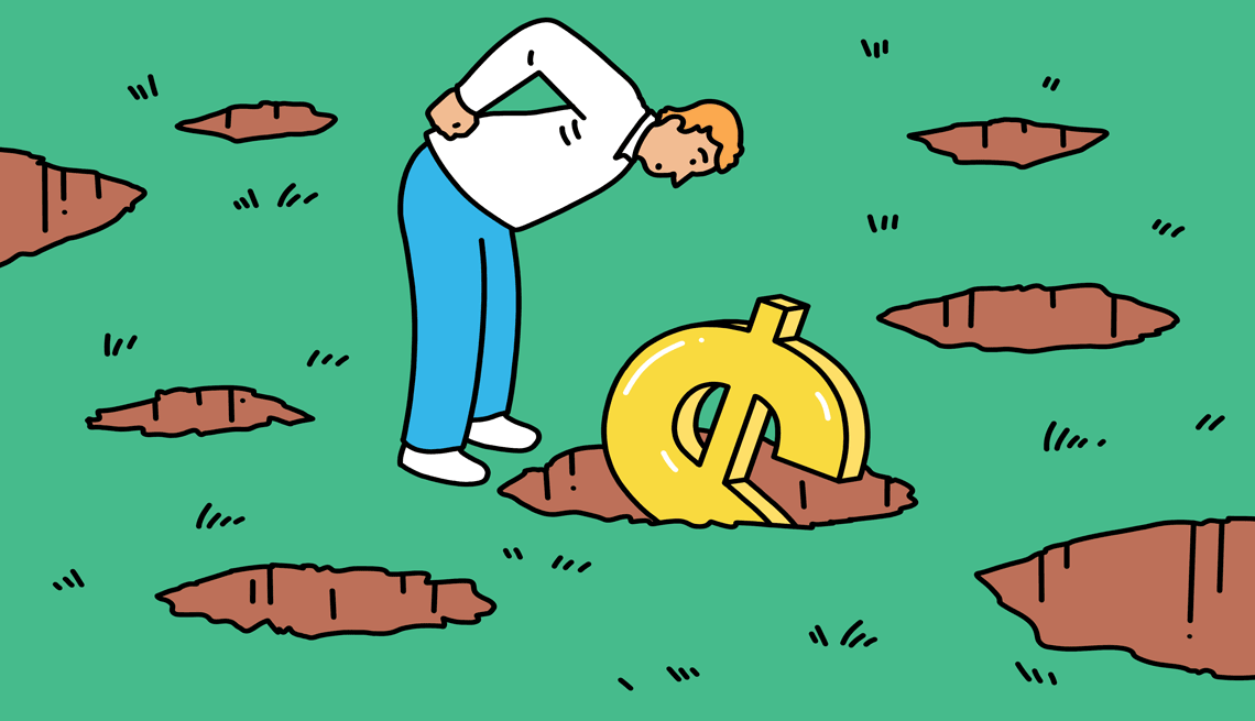 a man looks at a dollar sign sticking out of a hole in the ground