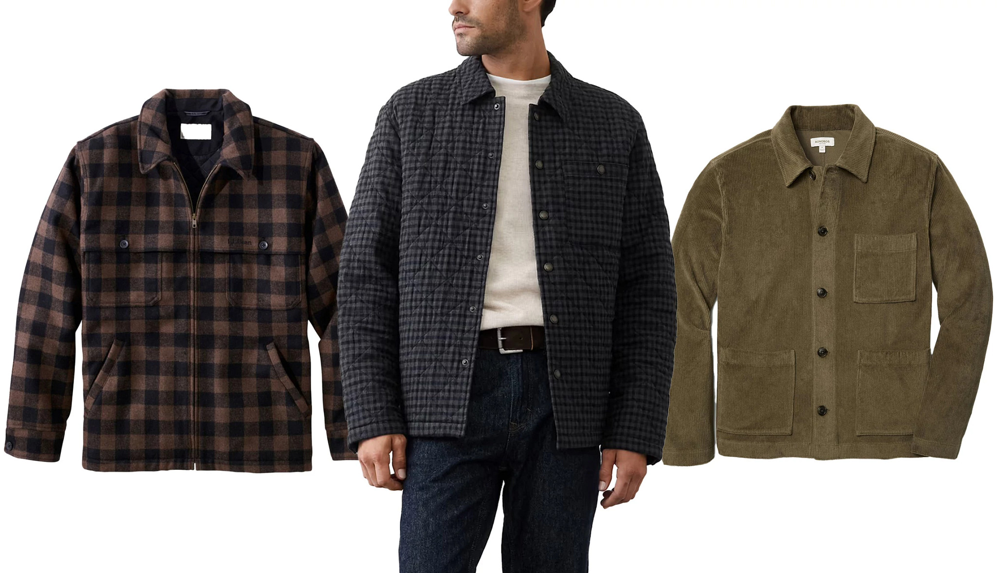 a collage with two styles of mens work jackets and a model wearing a quilted barn jacket
