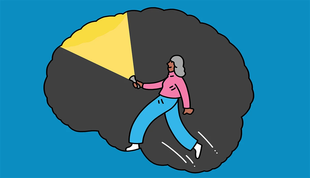 an illustration shows an older adult woman walking inside an overcast thought cloud, using a flashlight for illumination.  