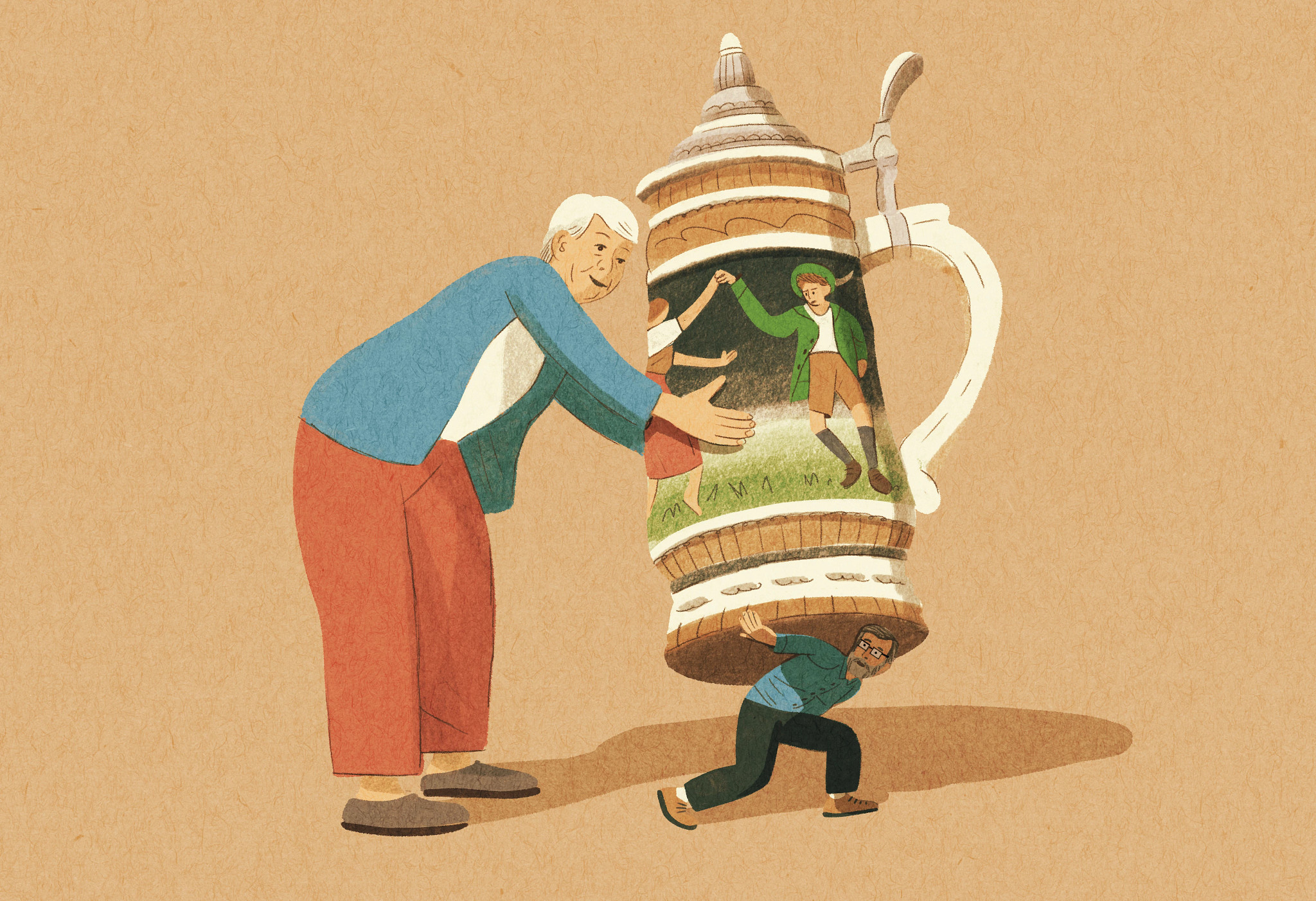 A tiny Eric Spitznagel carries a giant beer stein on his back given to him by his mother-in-law