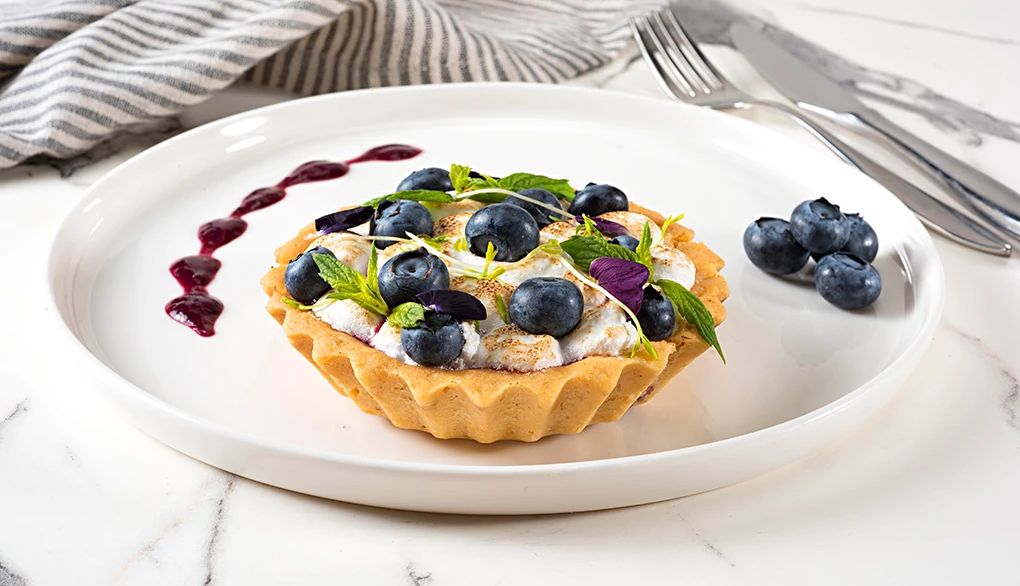 A lemon and blueberry tartlet is a protein-rich dessert An up-close view of a lemon and blueberry tartlet on a plate