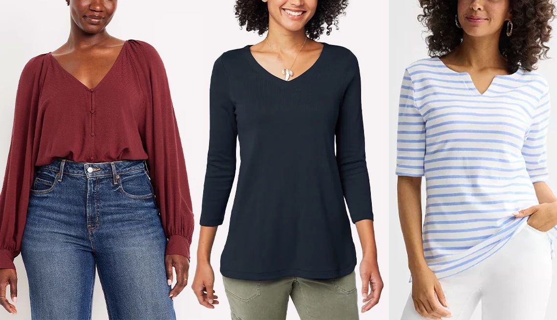 Style Secrets to Look Slimmer people modeling shirts with v-shaped necklines