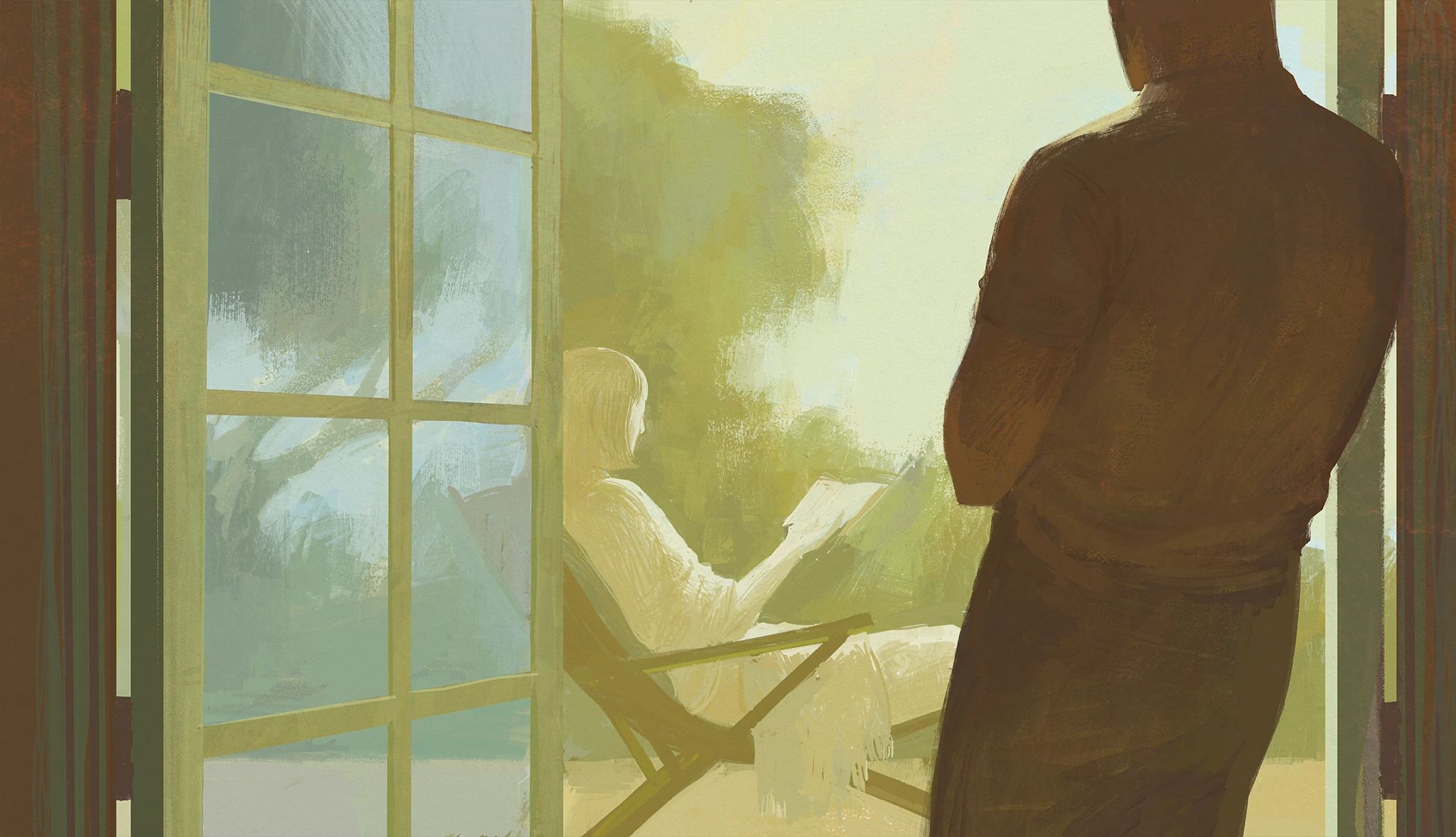 I've Got You Under My Skin by Mary Higgins Clark chapters 41-50 Illustration of a man leaning against a doorframe while looking out at a woman sitting in a chair and reading something in her hand