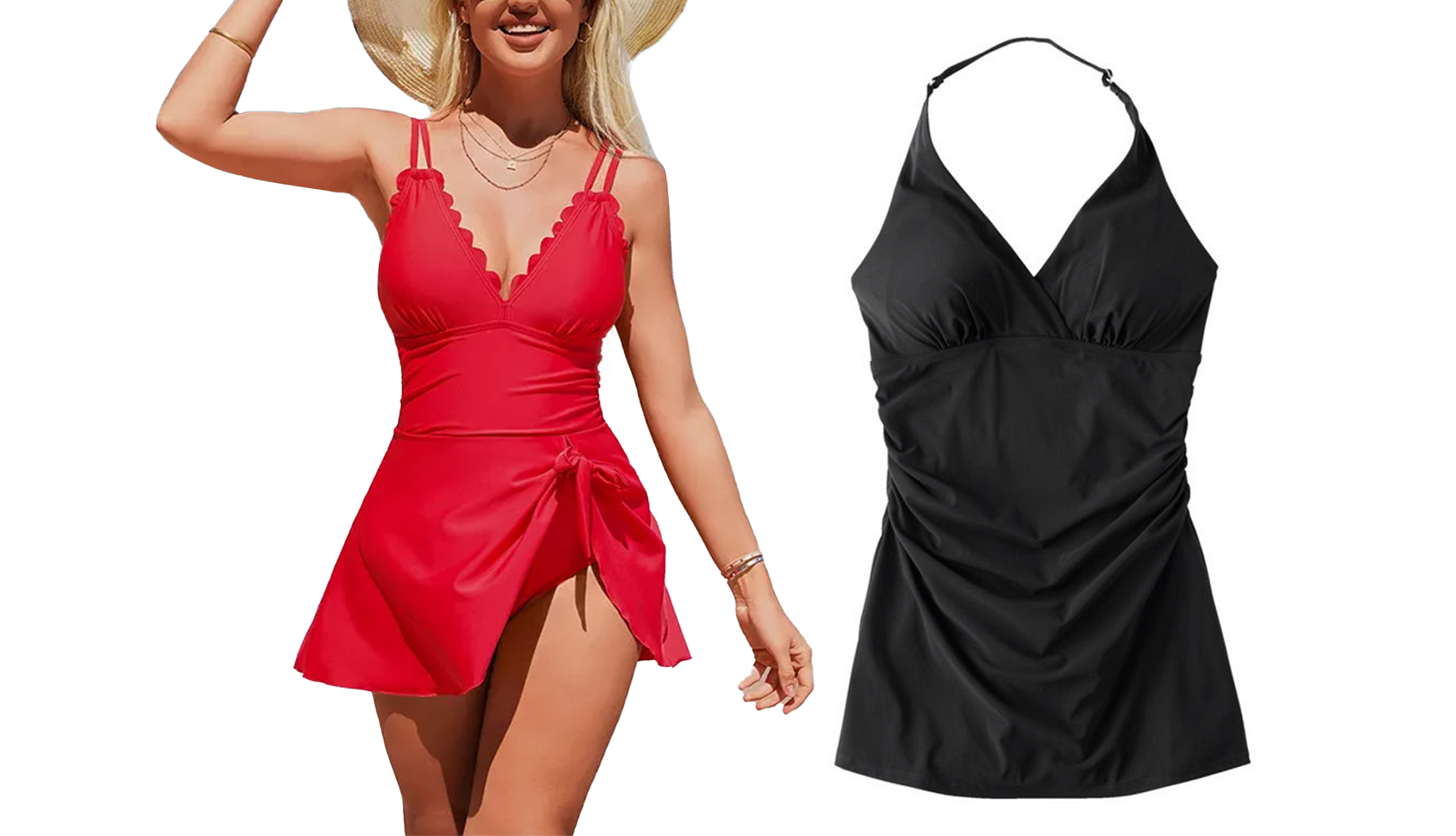 a model wearing a red halter top swim dress alongside a black swim dress in a similar style