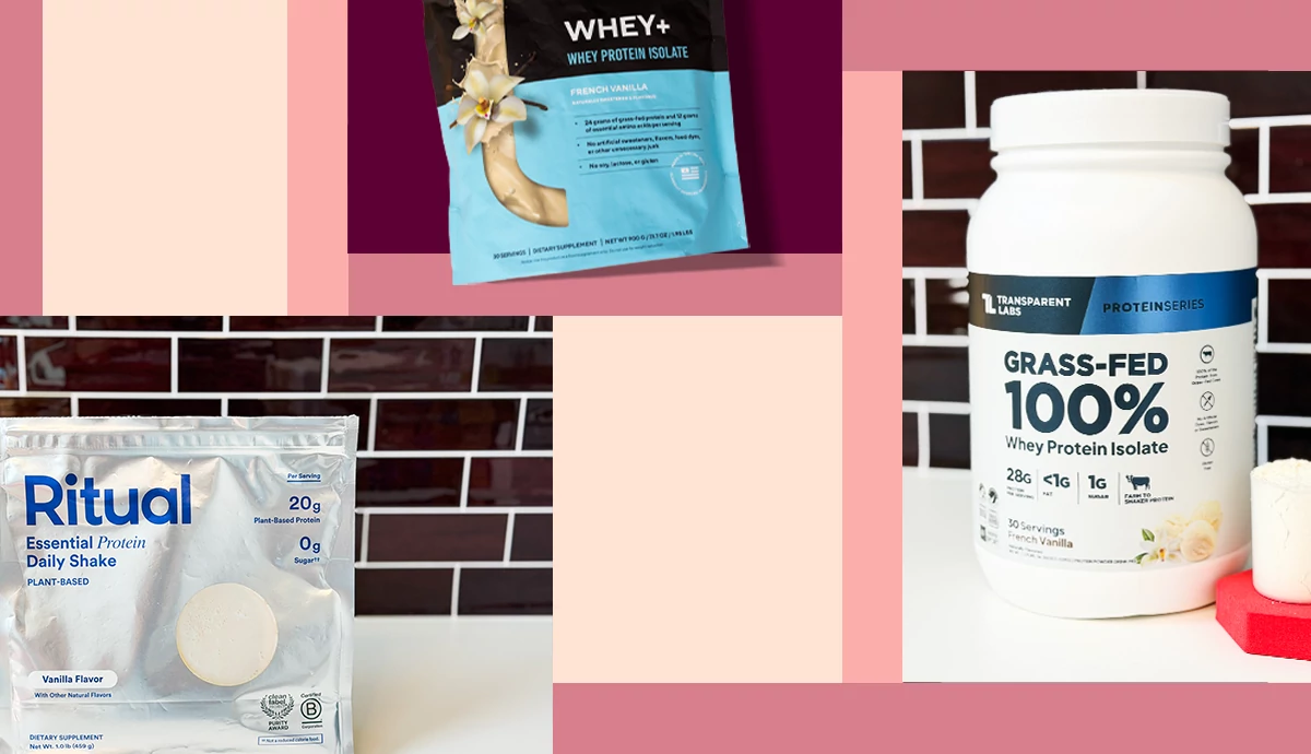 A collage of three different types of protein powders with a cream-colored background and pink borders