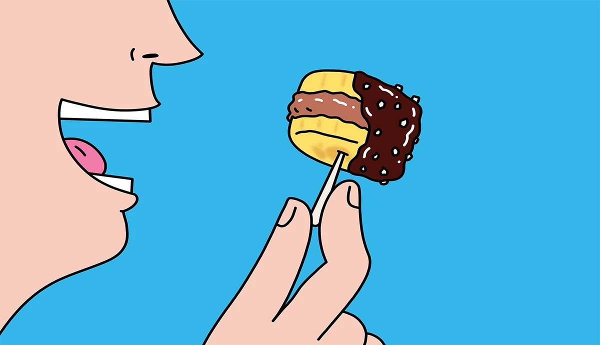 A whimsical illustration of a person about to eat a frozen banana bite sandwich on a toothpick, dipped in dark chocolate with hemp seeds, against a solid blue background.