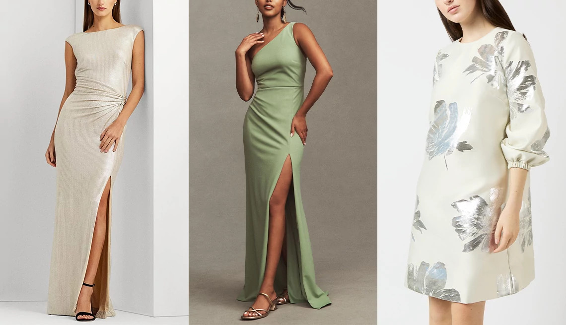 Lauren Ralph Lauren Metallic Sleeveless Side Slit Dress in Champagne/Silver; BHLDN Hallie One Shoulder Stretch Crepe Maxi Gown in Pistachio; Francine Dress in Ivory/Silver Floral Jacquard