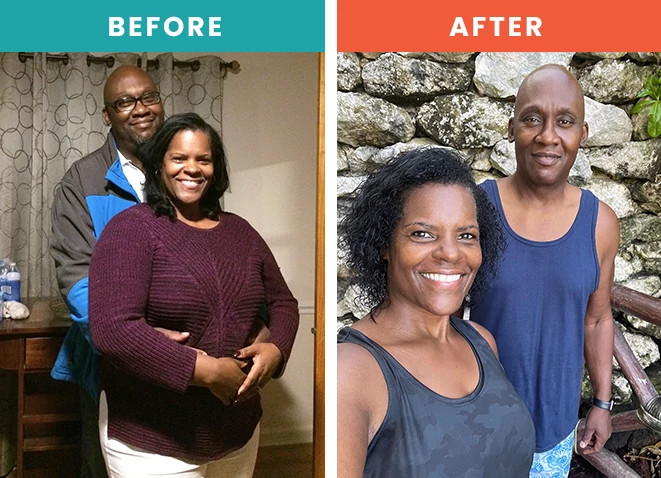 Before-and-after image of a weight loss journey couple