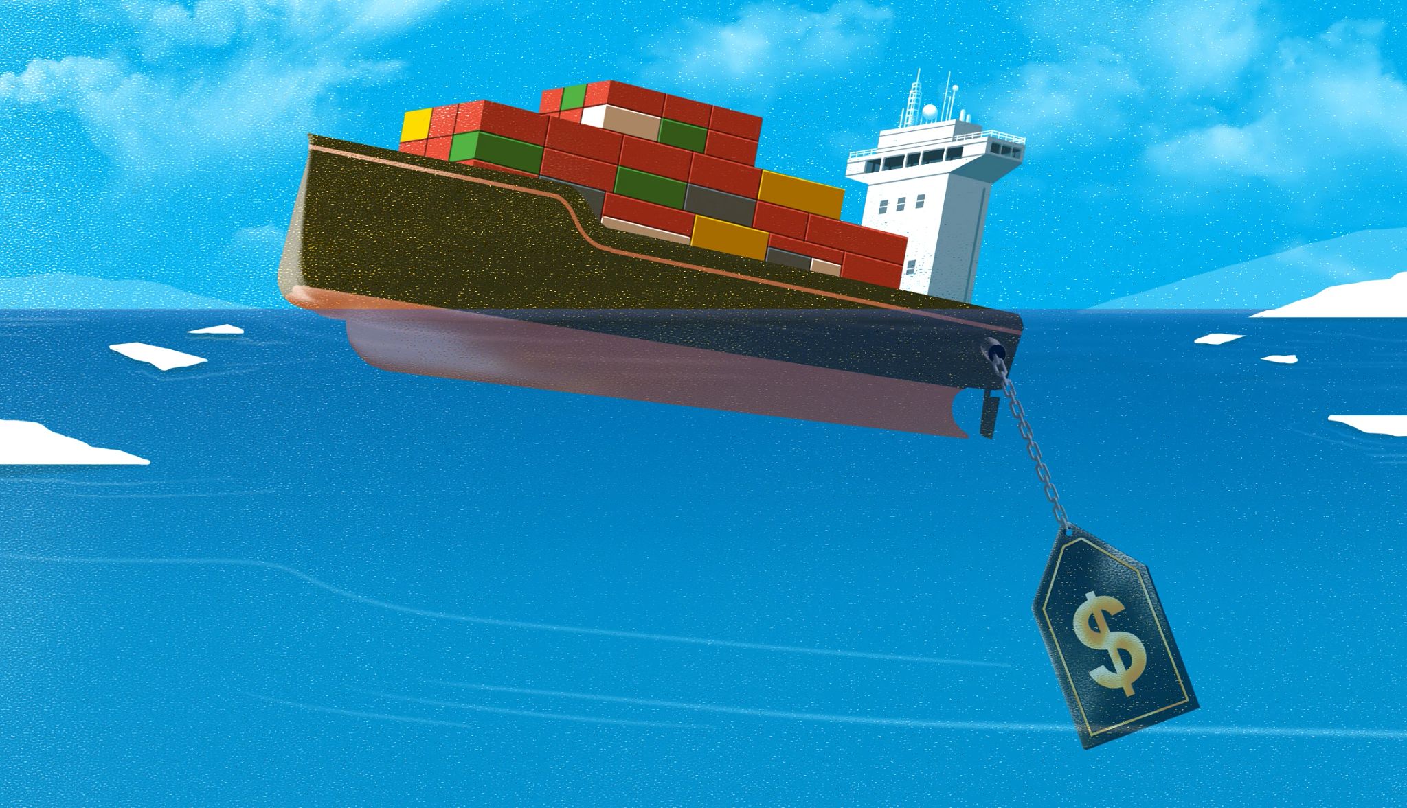 9 Products That May Get More Expensive Due to Tariffs Ilustración de un barco de carga que se hunde.