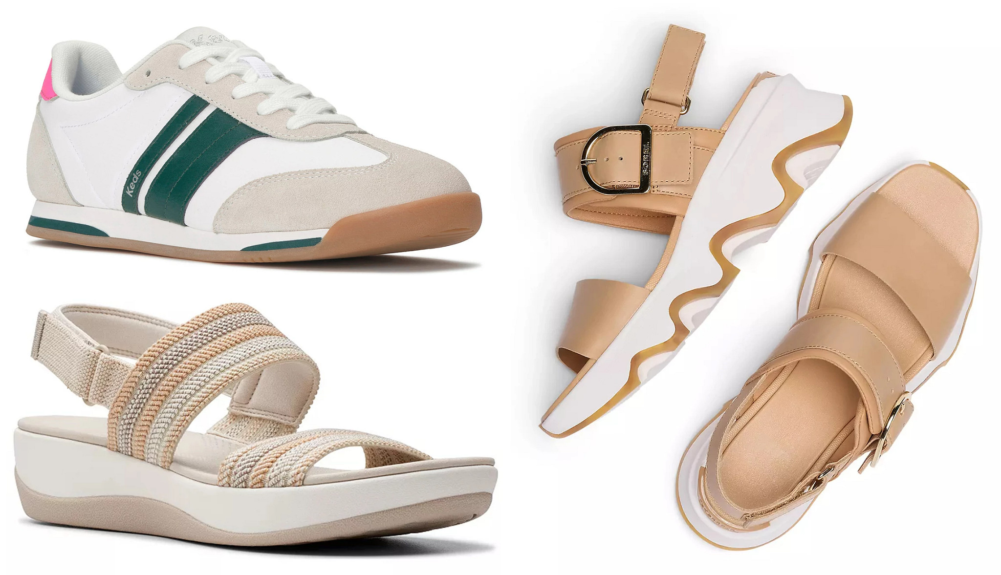 a collage with three different styles of comfort forward womens shoes for summer