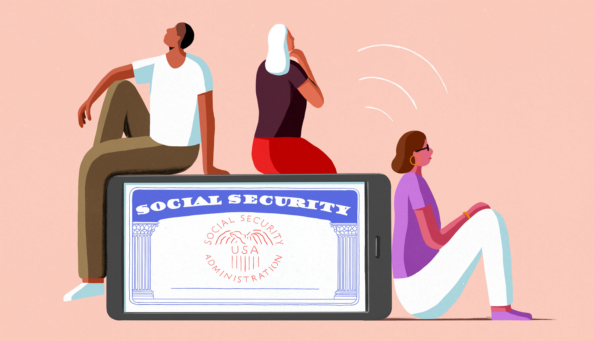 People sit on a giant smartphone shaped like a Social Security card