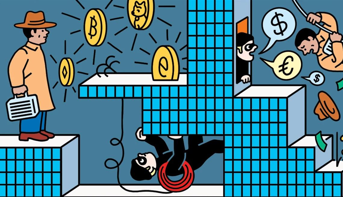 a cartoon of criminals crawling around with cryptocurrency coins floating
