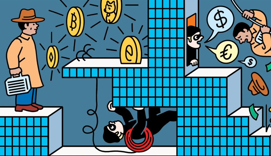 Learn about common types of investment fraud a cartoon of criminals crawling around with cryptocurrency coins floating