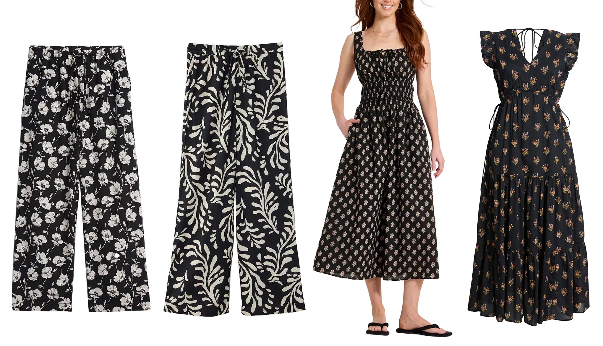 a collage with two pairs of patterened linen trousers and a floral patterned summer dress and a model wearing a patterned sleeveless dress