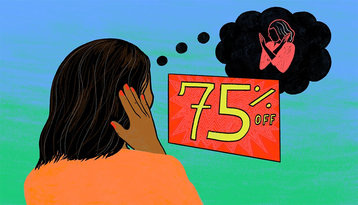 an illustration shows an adult woman holding her ears, facing a 75 percent off advertisement, with a silhouette of her mother signaling her to ignore it 