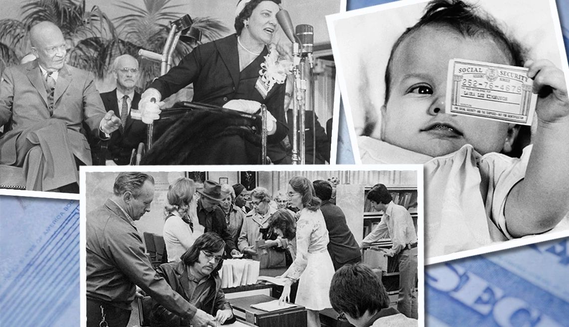 social security expands a baby holds a social security card, a woman speaks next to president eisenhower, and people fill out applications in an office