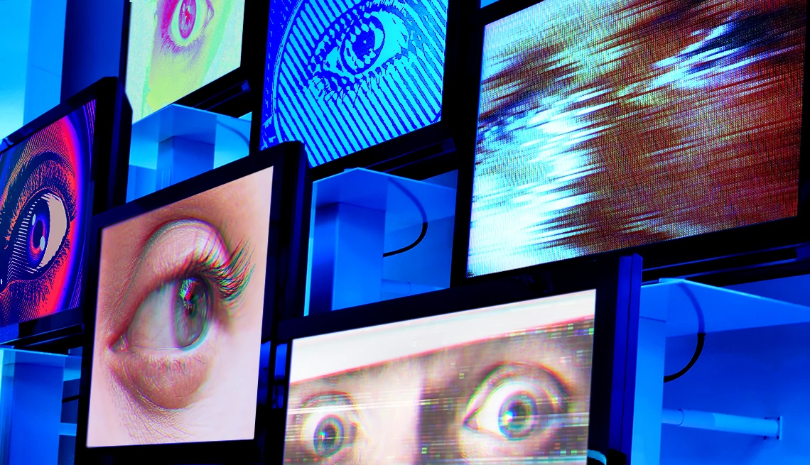 Is My Smart TV Spying on Me? a bunch of tvs with eyes being shown on them