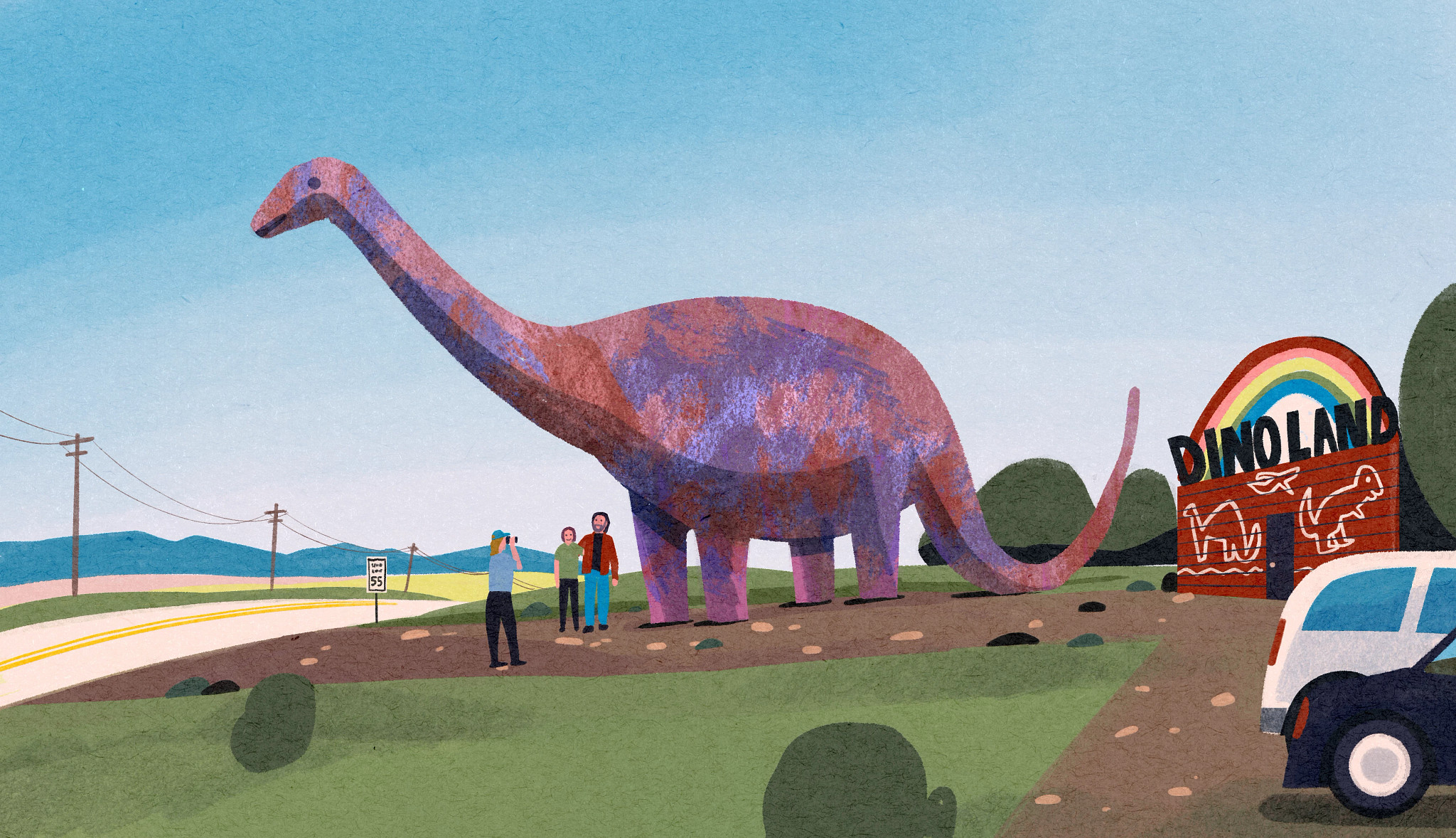 an illustration of people posing near a dinosaur statue