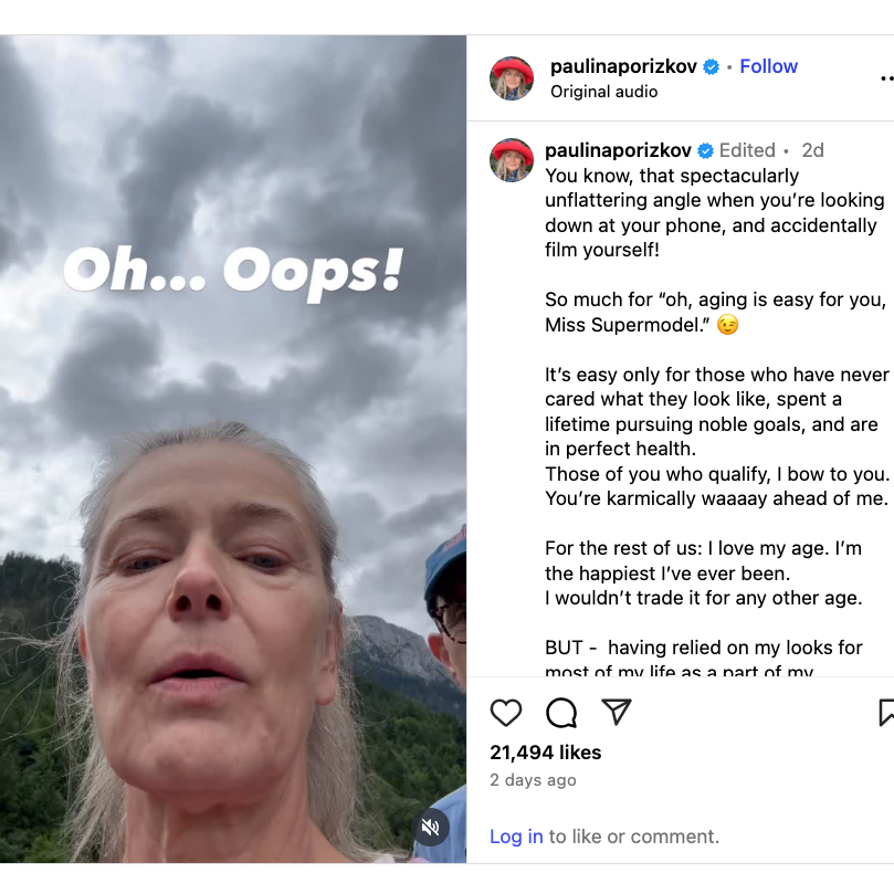 Paulina Porizkova Reflects on Aging an instagram post showing paulina porizkova's face from an awkward angle