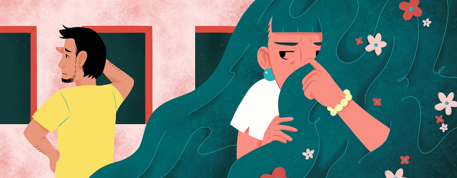 An illustration of a woman ducking behind her own hair to avoid her ex, who is searching for her.