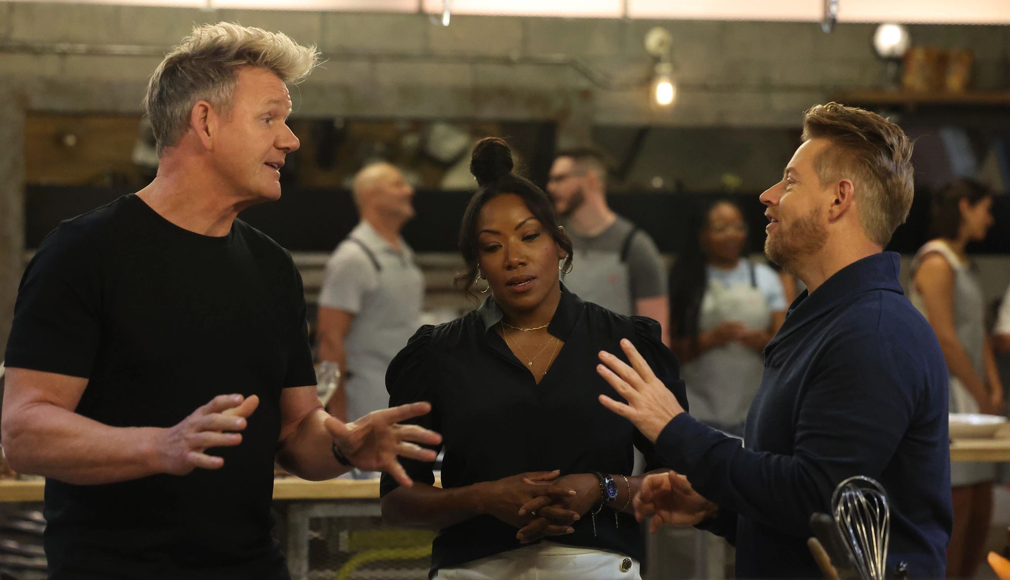 “Next Level Chef" pits pro chefs against home cooks and social-media foodies Gordon Ramsay, Nyesha Arrington and Richard Blais in a still from Next Level Chef