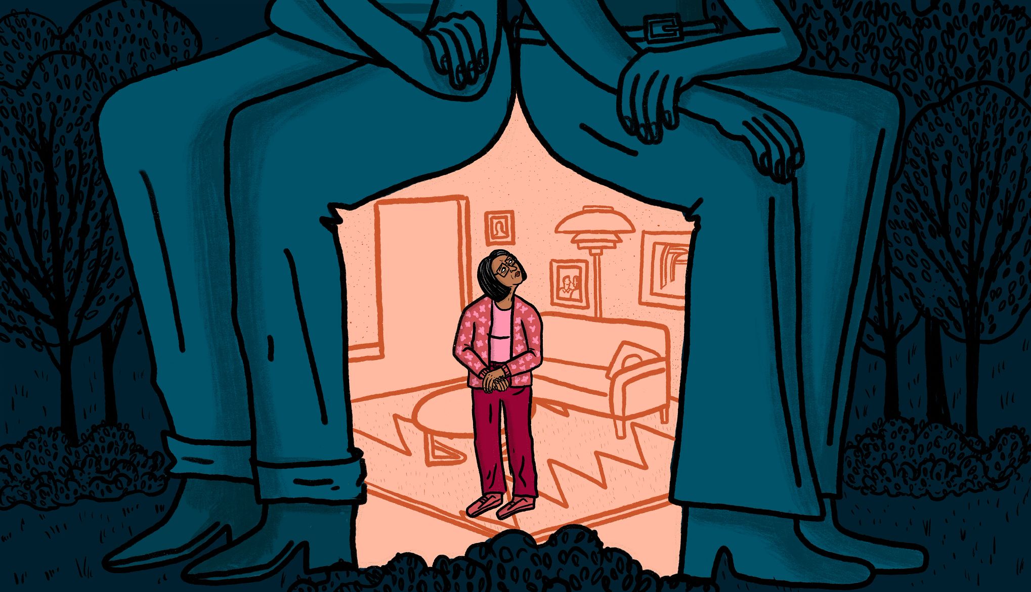 Dad's Inheritance May Cause Family Conflict a woman inside a home looks up. two large, sitting figures make up the ceiling above her