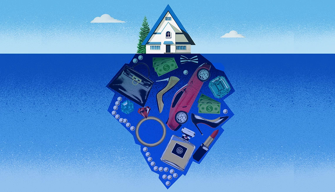 illustration of a house and tree on surface of water with cash, a ring, car,  jewels, and other items representing wealth below the surface