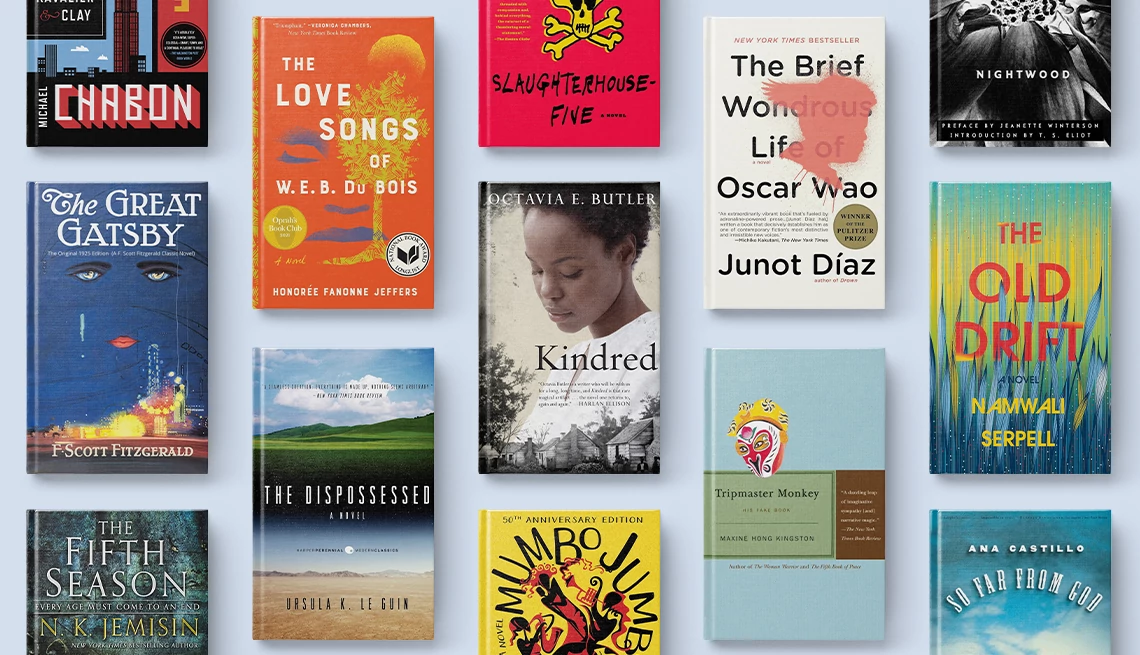 Book covers from top: Chabon, The Great Gatsby, The Fifth Season, The Love Songs of W.E.B. Du Bois, The Dispossessed, Slaughterhouse Five, Kindred, Mumbo Jumbo, The Brief Wonderous Life of Oscar Wao, Nightwood, The Old Drift and So Far From God Book covers from left: Chabon, The Great Gatsby, The Fifth Season, The Love Songs of W.E.B. Du Bois, The Dispossessed, Slaughterhouse Five, Kindred, Mumbo Jumbo, The Brief Wonderous Life of Oscar Wao, Nightwood, The Old Drift and So Far From God