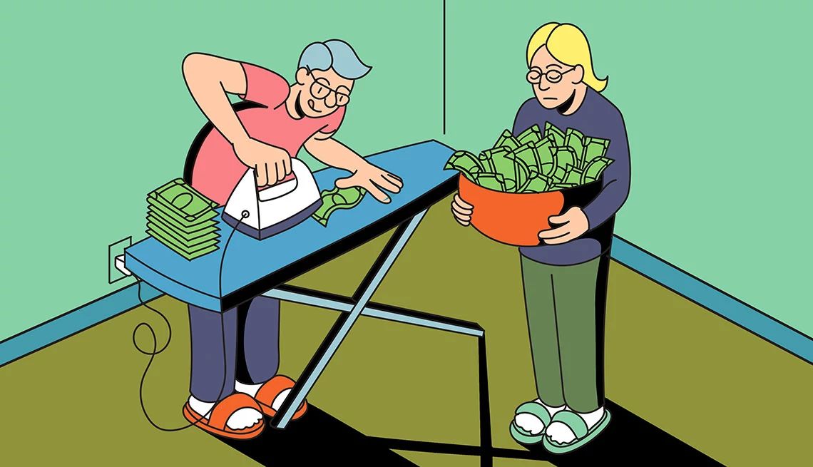 Be open about money in your marriage Illustration of man ironing money on ironing board and woman holding basket of money