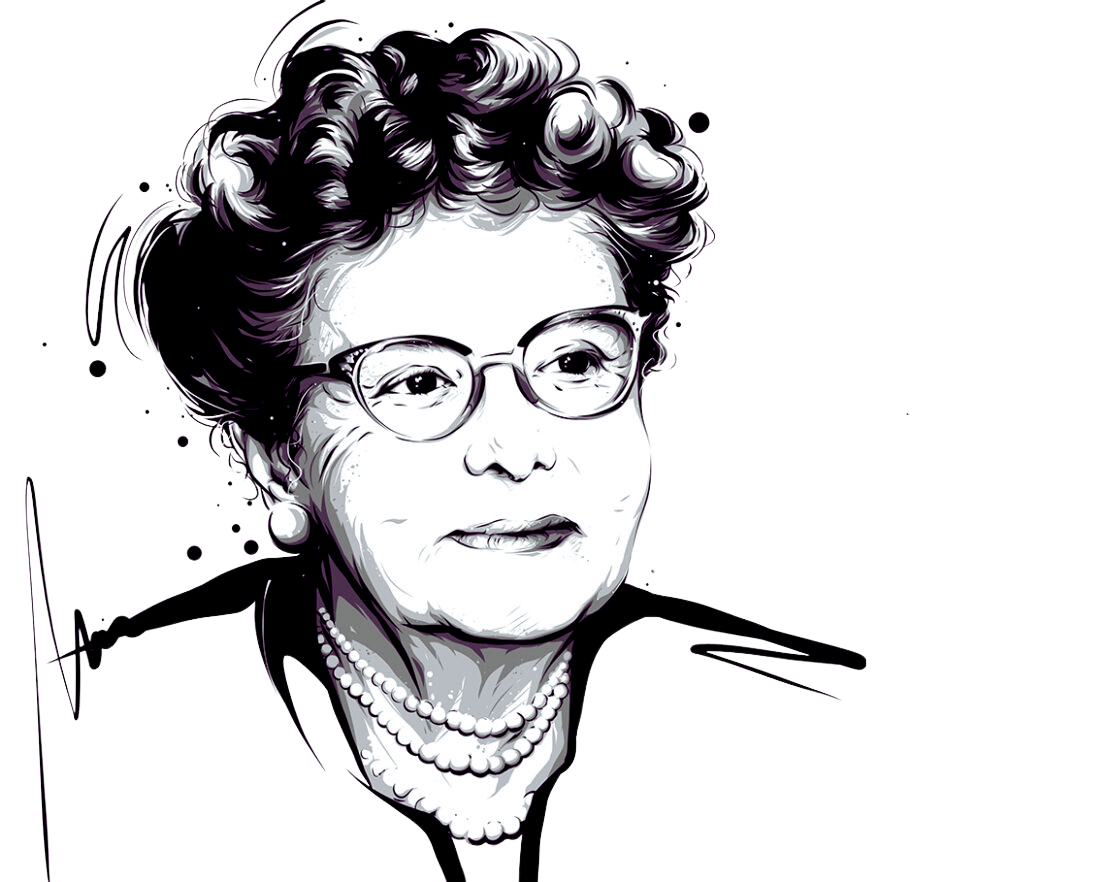 a black and white portrait illustration of an older woman with short curly hair, cat-eye glasses, and a multi-strand pearl necklace