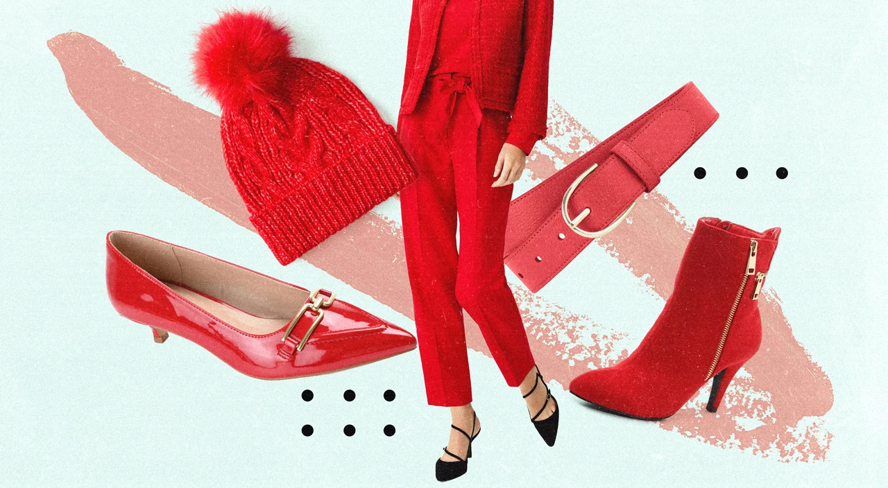 photo collage of different red clothing items and accessories