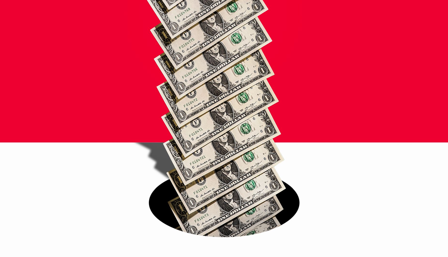 Stop Wasting Money line of one dollar bills going into black hole in white surface on a red background